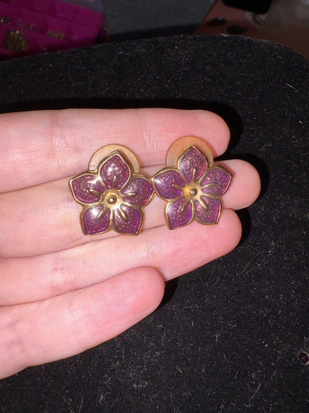 Flower Stud Earrings Purple Glitter Enamel Gold Tone Metal Vintage Style